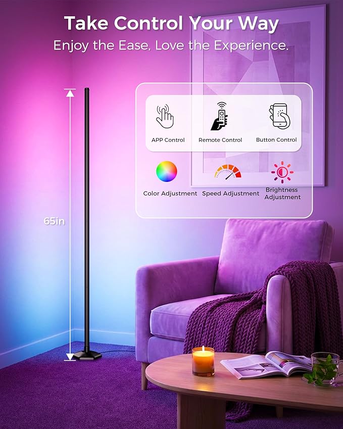 boostool Corner Floor Lamp, 65" RGB Color Changing led Floor lamp with APP and Remote Control, Dimmable Mood Light Corner Light with Music Sync, DIY Mode & Timing for Living Room Gaming Room