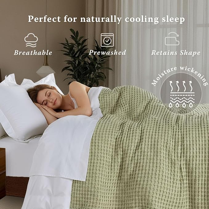 Threadmill Cooling Blanket Twin Size Waffle Weave| Breathable, Lightweight & Ultra-Soft | Made from Rayon Derived from Bamboo | Waffle Throw for Couch and Sofa | 68 x 92 Inches | Sage Green