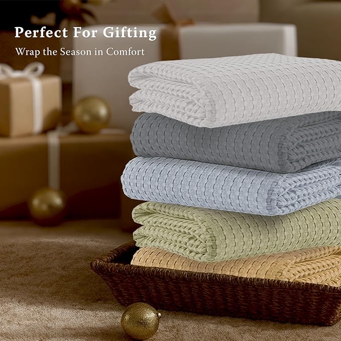 Threadmill Cooling Blanket Twin Size Waffle Weave| Breathable, Lightweight & Ultra-Soft | Made from Rayon Derived from Bamboo | Waffle Throw for Couch and Sofa | 68 x 92 Inches | Light Blue