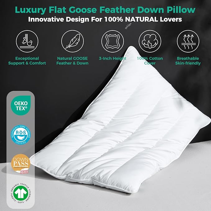 Three Geese Luxury Flat Thin Goose Feather Down Pillows Standard Size, 3" Height, 100% Cotton Cover, Medium Firm Hotel Collection Ultra Slim Thin Bed Pillows, Machine Washable, 18 x 26 Inches