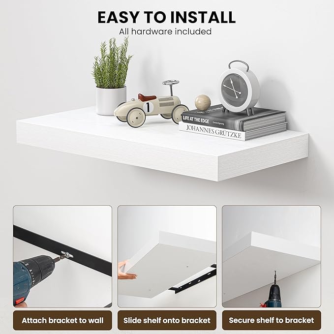 Dreamland 36" Floating Shelves for Wall, 12" Deep Thicker White Floating Shelves, Wall-Mounted Shelves for Bedroom, Living Room, Kitchen, Bathroom - Set of 2