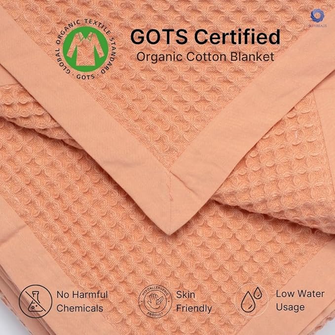 9Threads GOTS Certified Organic Cotton Waffle Weave Cozy Throw Blanket, 50"X60", Modern Home Decor, Soft Bed Blanket - Sun Bay