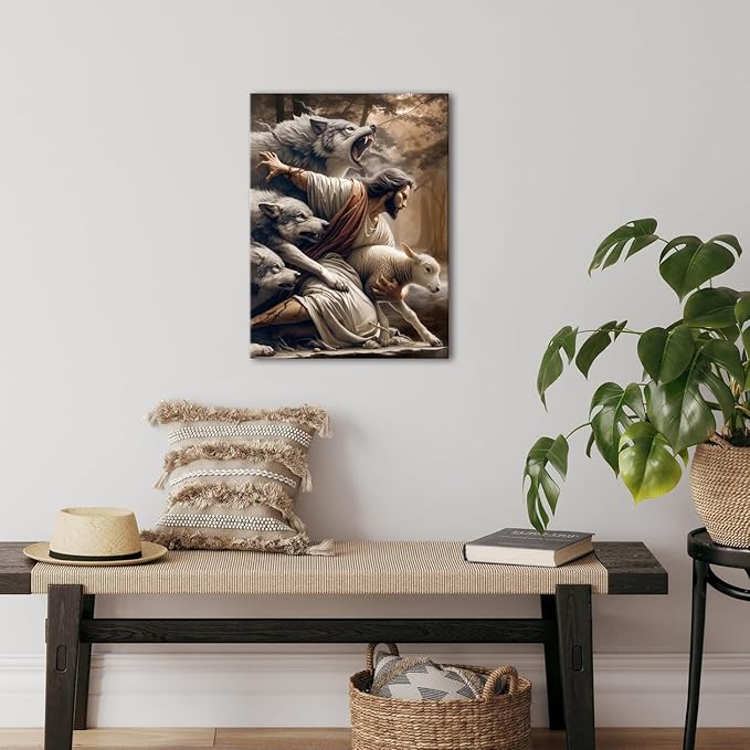 Jesus and Lamb Canvas Wall Art Jesus Saves the Lost Lamb Poster Wall Decor God Protect A sheep From Wolves Print Painting Christian Picture Artwork for Living Room Bedroom Church 16x24in Framed