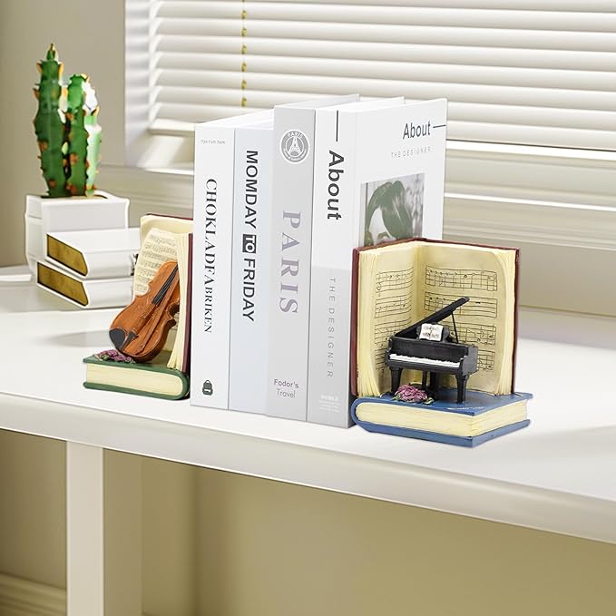 Vintage Music Book Ends for Shelves, Book Ends for Heavy Books, Deluxe Piano and Violin Decorative Bookends, Heavy Duty Bookends for Large Books, Vintage Book Stopper for Music Lovers