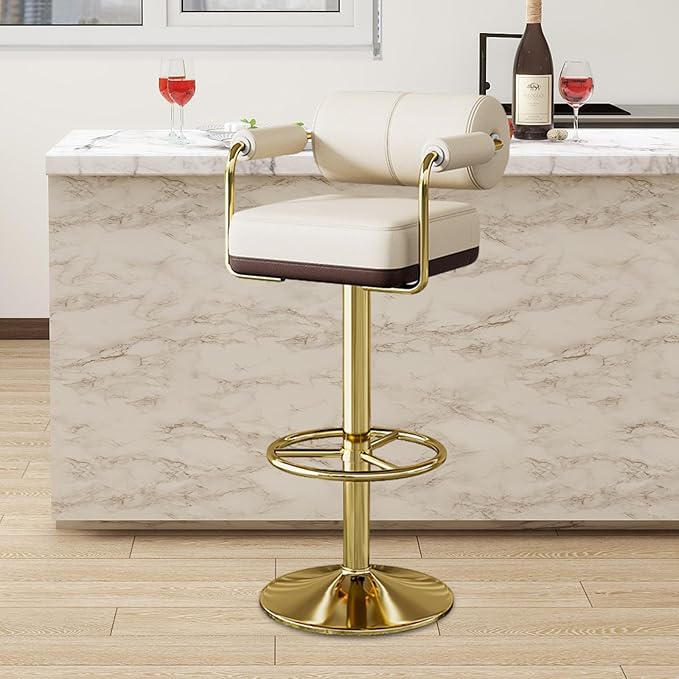 Extra Tall Bar Stools Swivel Counter Height Chair for Kitchen Island Modern Black Leather Adjustable Barstool with Arms,White