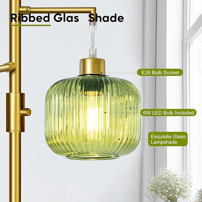 LVYE Modern Floor Lamp with Green Glass Shade, Dimmable Gold Standing Lamp, Mid Century 3 Lights Tall Lamp, Vintage Retro Floor Lamps for Living Room,Bedroom, 3×6W Bulbs Included