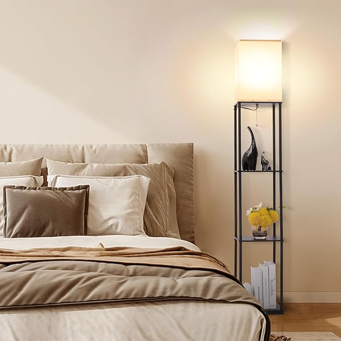 Floor Lamp with Shelves, Modern Square Standing Lamp with 3-Color Remote Control Dimming Bulb, Corner Display Bookshelf Lamp for Living Room, Bedroom and Office (black-9YK)