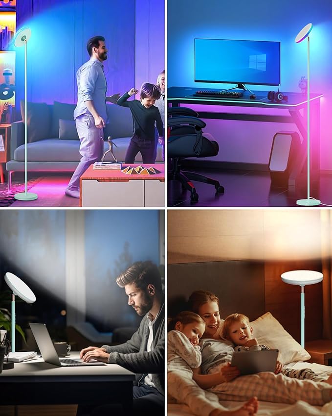 WOWLUMEN Bright Floor Lamp for Living Room, 42W LED Room Lights with Remote, 3700LM RGBW Modern Tall Standing Light, Color & Brightness Dimmable, UFO Ring Lamp,1/2/3H Timer for Bedroom,Office(Blue