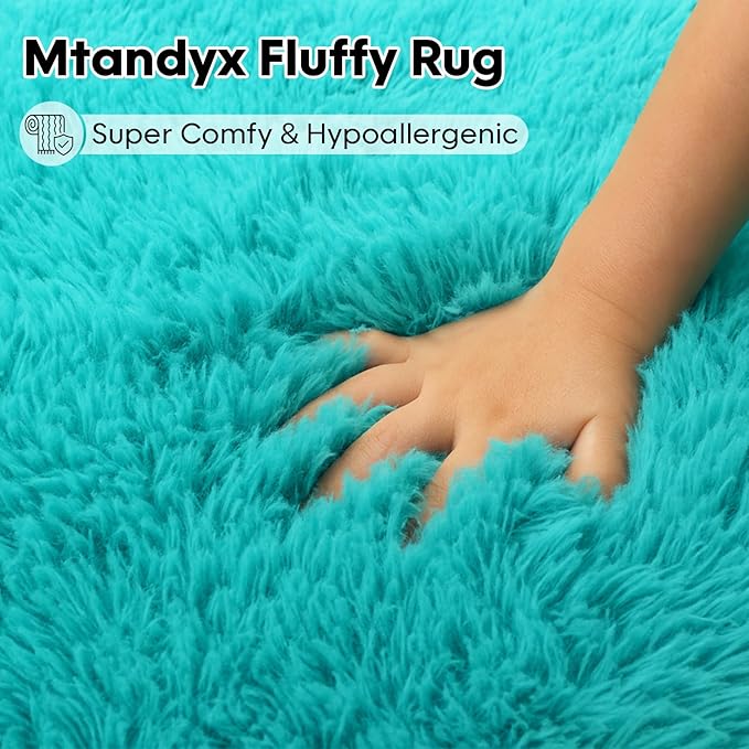 Mtandyx Teal Blue Plush Rug 6x9, Fluffy Shag Carpet Non-Slip, Area Rug for Living Room Bedroom, Modern Soft Rug for Kids Dorm, Hypoallergenic Easy-Clean