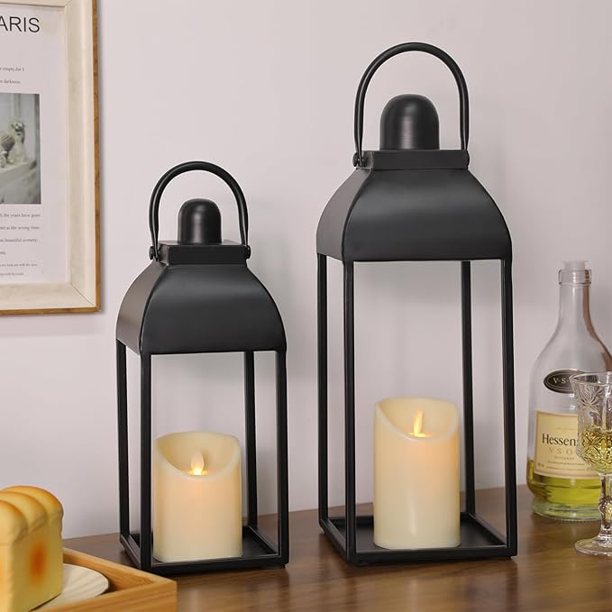 Lanterns Decorative Outdoor Indoor, Black Metal Outdoor Lanterns, 17'' 13'' Set of 2 Modern Farmhouse Candle Lantern Christmas Lanterns Centerpieces for Home, Wedding, Patio, Porch, Mantel