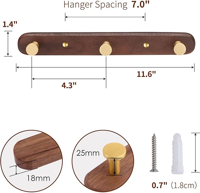 Wall Mounted Coat Rack, Entryway Hanging Coat Rack, Metal Wood Coat Rail with 3 Rustic Hooks Rail for Coat, Scarf, Bag, Towel, Key, Cap, Hat,Walnut Gold Matt