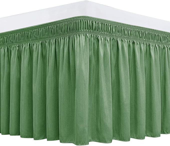 Biscaynebay Wrap Around Bed Skirts for King & Cal King Beds Short Drop of 12", Sage Adjustable Elastic Dust Ruffles Easy Fit Wrinkle Resistant Silky Luxurious Fabric Machine Washable