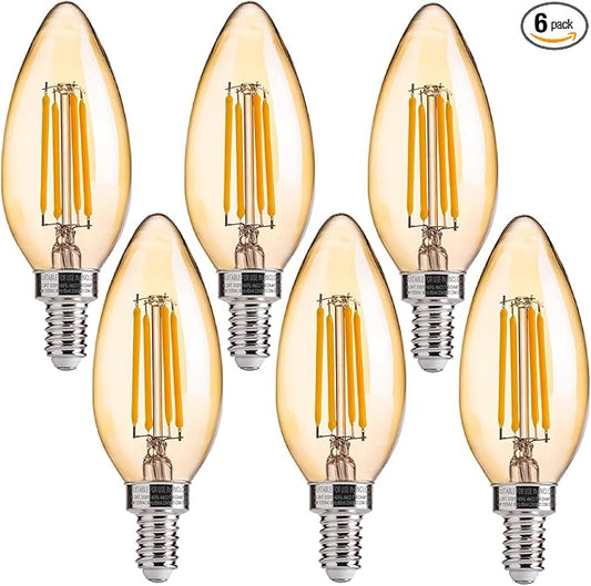 FLSNT 40W Equivalent LED Chandelier Light Bulbs, Dimmable Amber LED B11 E12 Candelabra Base Bulbs, 2200K Warm White, 330LM, 6 Pack UL,CA65 Listed.