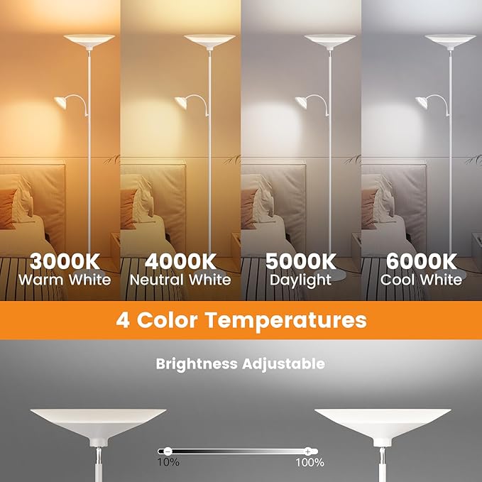 SIBRILLE Upgraded 2-Light Torchiere Floor Lamp - 34W Color Changing Standing Lamp with Remote, Rotatable Floor Reading Light, Modern Standing Light with for Living Room Bedroom Office, White