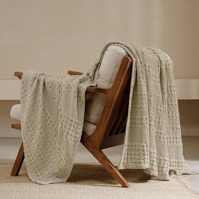PHF 100% Cotton Waffle Weave Throw Blanket, Soft Lightweight Breathable Cozy Throws for Couch Bed Sofa, 300 GSM Luxury Aesthetic Blanket Gift for Home Decor & Office, 50"x60", Khaki