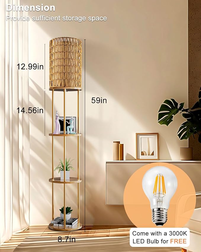 ACOHOOK 61" Rattan Floor Lamp with Shelves, 3-Tier Storage Shelves with 3000K E26 Bulb Included, 35lb Capacity Solid Wood Design, Corner Bookshelf Floor Lamps for Living Room, Bedroom Home Decor-Gold