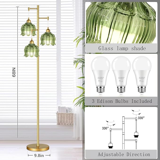 WLQCWL Vintage Floor Lamps for Living Room Bedroom-3 Light Gold Floor Lamp with Glass Lampshape, Flower Green Tall Lamp Mid Century Modern Standing Lamp Tree Floor Lamp for Bedroom Living Room Corner