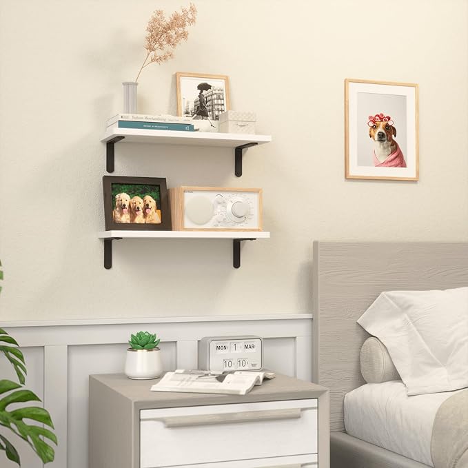 RICHER HOUSE Floating Wall Shelves, Rustic Wood Bathroom Shelves Set of 2, Farmhouse Style Shelf for Décor, Hanging Bedroom, Storage, Kitchen, Living Room - White