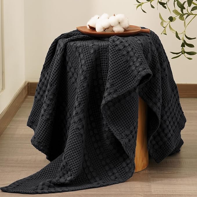 PHF 100% Cotton Waffle Weave Throw Blanket, Soft Lightweight Breathable Cozy Throws for Couch Bed Sofa, 300 GSM Luxury Aesthetic Blanket Gift for Home Decor & Office, 50"x60", Black