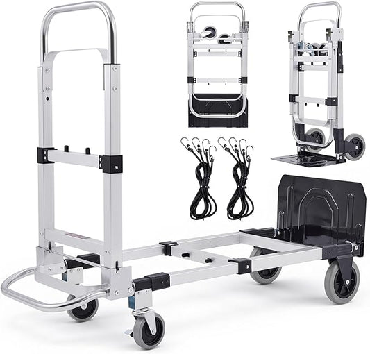 CREWORKS 3 in 1 Convertible Hand Truck Dolly with Brakes,Heavy Duty Folding Hand Truck with 600LB Capacity,Portable Dolly Cart with Rubber Wheels and Telescoping Handles for Moving