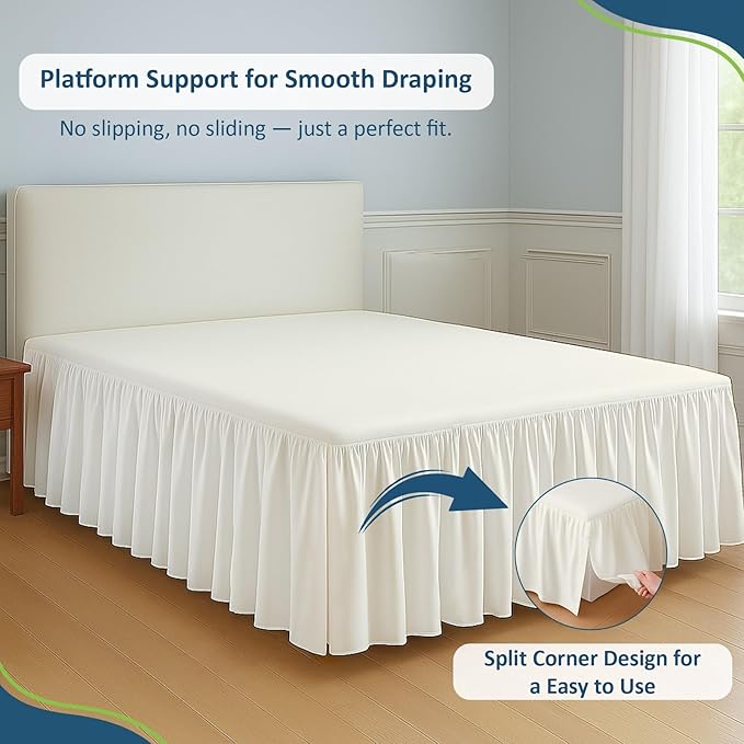 Rajlinen Ruffled Bed Skirt King, 8 Inch Drop Dust Ruffle with Split Corners, 100% Microfiber Bedskirt with Platform, Three-Sided Coverage Ruffled Gathering Design, Ivory