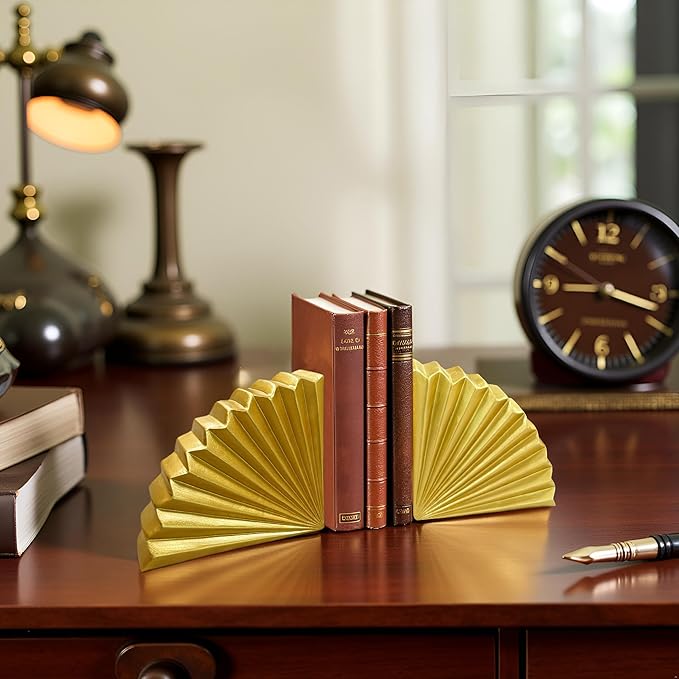 Golden Fan Shape Bookends Set of 2 – Elegant Resin Decorative Book Stoppers, Heavy Duty Modern Book Ends for Home Office Bookshelf Decor