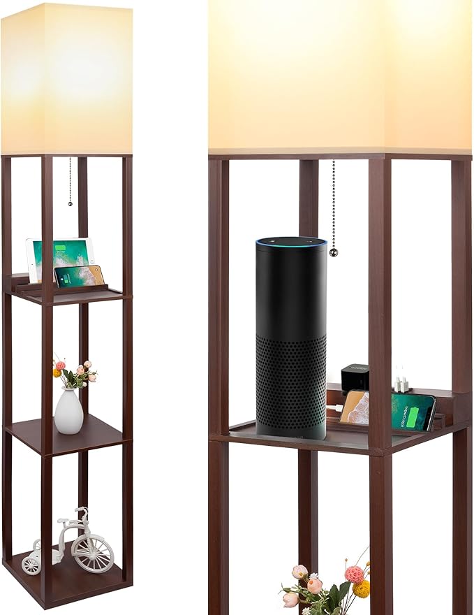 SHINE HAI 3-in-1 Shelf Lamp with 1 USB Ports & 1 Type C Port & 1 Power Outlet, 3-Tiered Shelves Lamps, Modern Standing Light for Bedroom & Living Room, Storage Floor Lights Combination, Brown