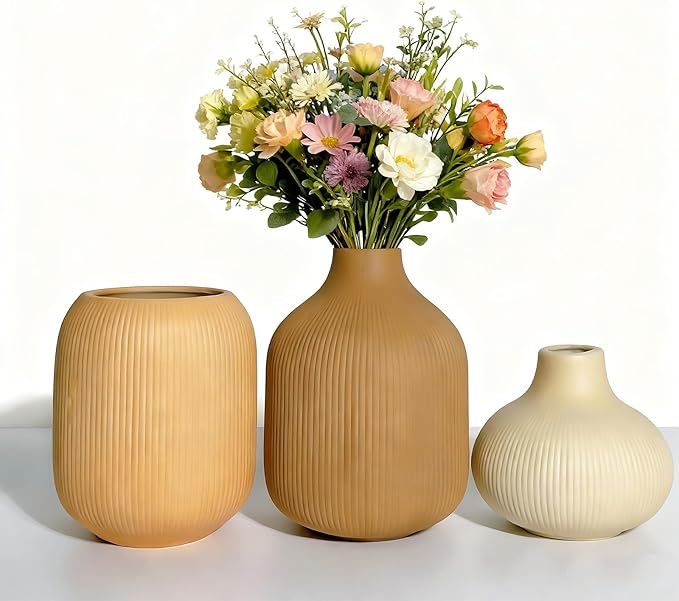 Ceramic Boho Vase Set of 3, Modern Colorful Ceramic Vases with Ribbed Texture, Minimalist Home Decor for Table Centerpiece, Kitchen, Living Room, Table Shelf, Office Decor