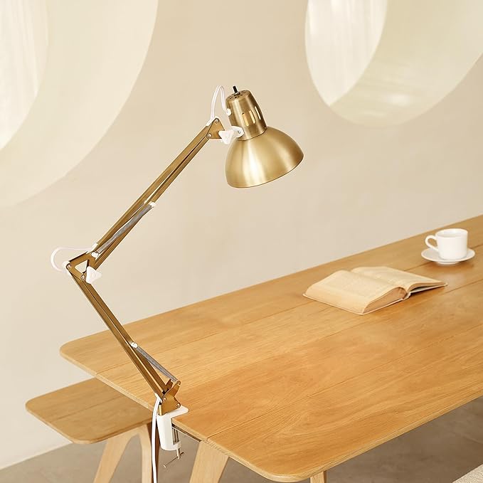 Globe Electric 62000010 32" Multi-Joint Desk Lamp with Metal Clamp, Matte Brass, White Accents, On/Off Rotary Switch on Shade, Partially Adjustable Swing Arm, Home Décor, Office Accessory