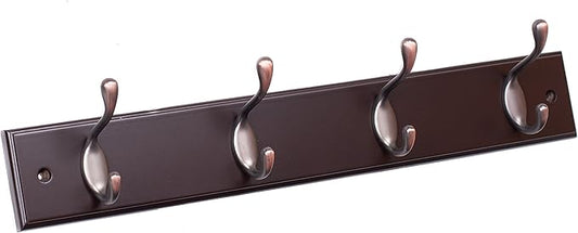 BIRDROCK HOME Oval Hook Coat and Hat Rack - 4 Hooks - 17 Inch - Wall Mount - Towel Leash Backpack Hook - Home Entryway Organization - Brown Finish - Bronze Hooks