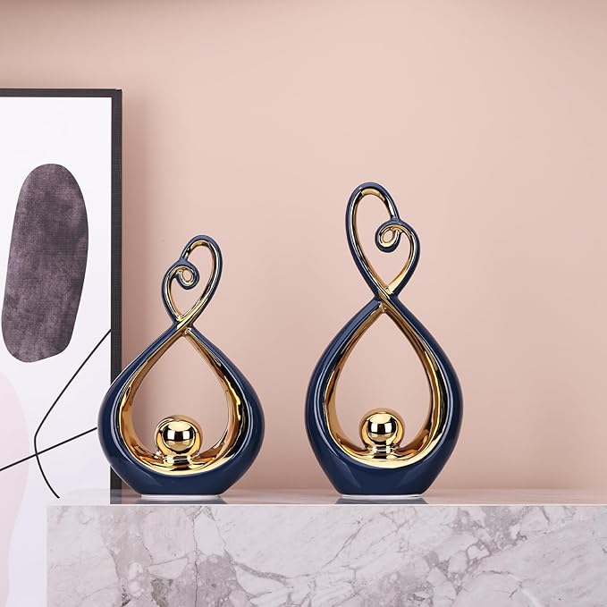 DOVDOV Navy Blue Decorations, Ceramic Abstract Sculpture 2 Piece Set, Still and Gold Decorative Statues, Gorgeous Home Decor for Office, Room, Shelf, Coffee Table and Desktop Decor Aesthetics.