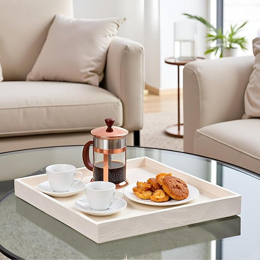20 x 20 inches Luxury Leather Square Oversized Service Tray, Ottoman & Coffee Tray for Family Dinner, Out-of-House Picnic & Party (Beige)