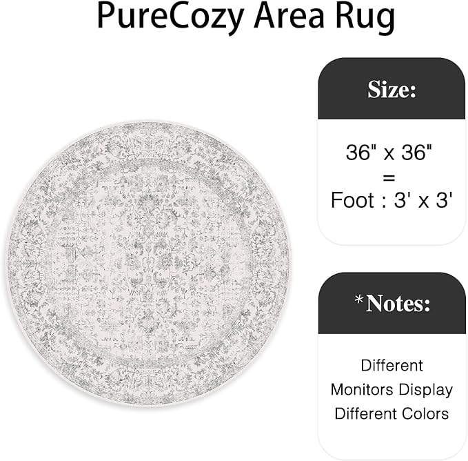 PureCozy Grey Round Area Rug 3ft Entryway Door Mat Small Circle 3x3 Kitchen Vintage Carpet Non Slip Indoor Bedroom Washable Distressed Floral Retro Accent Throw Rug Office Bathroom