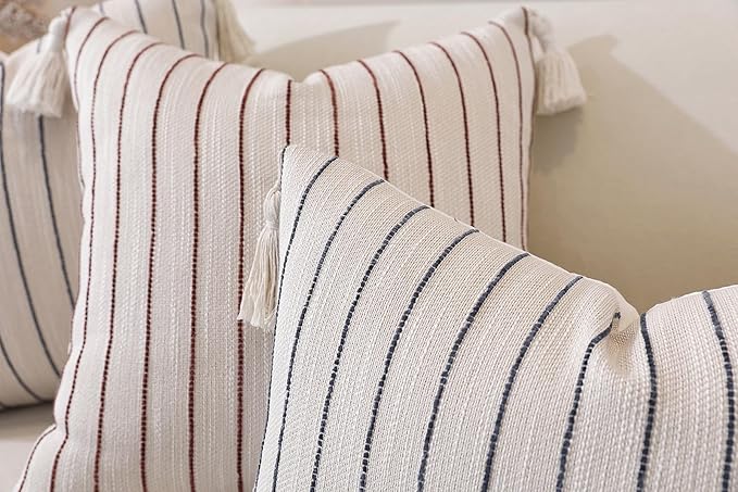 QDTTSRY Boho Throw Pillow Covers 20x20 Inch Set of 2, Wine Red Textured Linen Striped Square Pillow Covers with Tassels, Soft & Cozy Farmhouse Décor Pillow Cases for Sofa Couch Bed Living Room