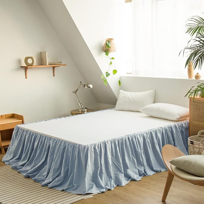 BISELINA French Linen Bed Skirt with Pleated Frills 22-Inch Tailored Drop Natural Flax Cotton Blend Dust Ruffle Soft Cozy Farmhouse Bedding (22" Queen, Dusty Blue)