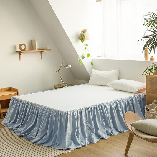 BISELINA French Linen Bed Skirt with Pleated Frills 22-Inch Tailored Drop Natural Flax Cotton Blend Dust Ruffle Soft Cozy Farmhouse Bedding (22" Queen, Dusty Blue)