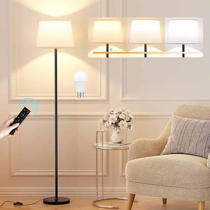 Raexpectis Modern Floor Lamp with Adjustable Brightness, Remote Control, Black, LED Bulbs, White Shade, Foot Switch, Easy Assembly