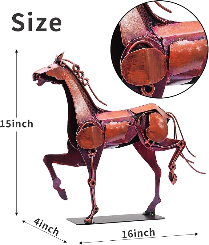 Metal Horse Statue - Rustic Handmade Western Decor - 100% Hand-Painted Horse Figurines Decor for Office Home - Vintage Brown