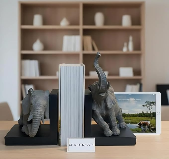 Comfy Hour 12" Large Elephant Decorative Bookends, Unique Heavy Duty Animal Book Ends for Shelves, Vintage Polyresin Book Stopper for Heavy Books, Gray & Black, 1 Pair