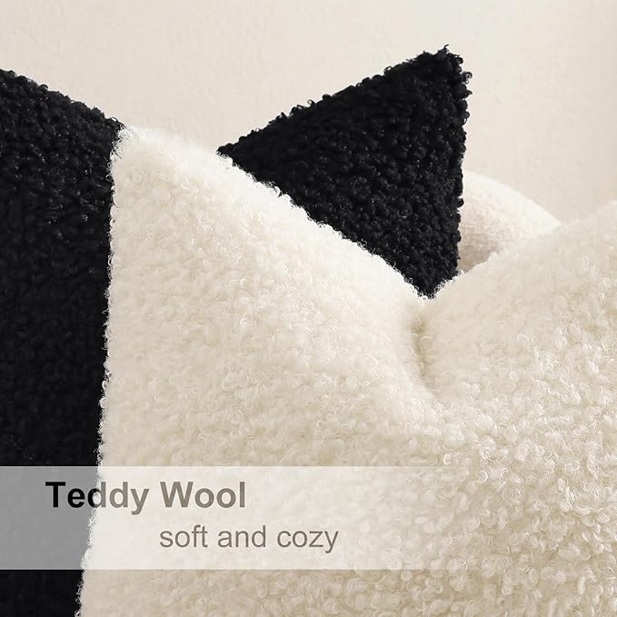 decorUhome Pack of 2 Throw Pillow Covers 24x24 Inch, Faux Fur Decorative Sherpa Pillow Covers Fuzzy Accent Soft Sheepskin Fleece Pillow Cases for Couch Living Room Bed, Black