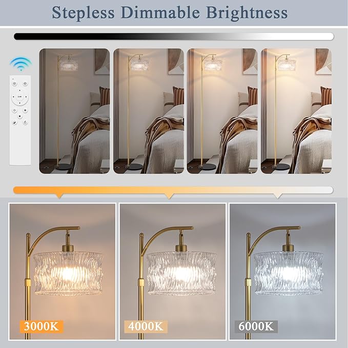 JERANDO Dimmable Glass Floor Lamp for Living Room, Modern Gold Standing Lamp with Remote Control, Vintage Clear Glass Lampshade Tall Lamp for Bedroom Study Room(LED Bulb Included)
