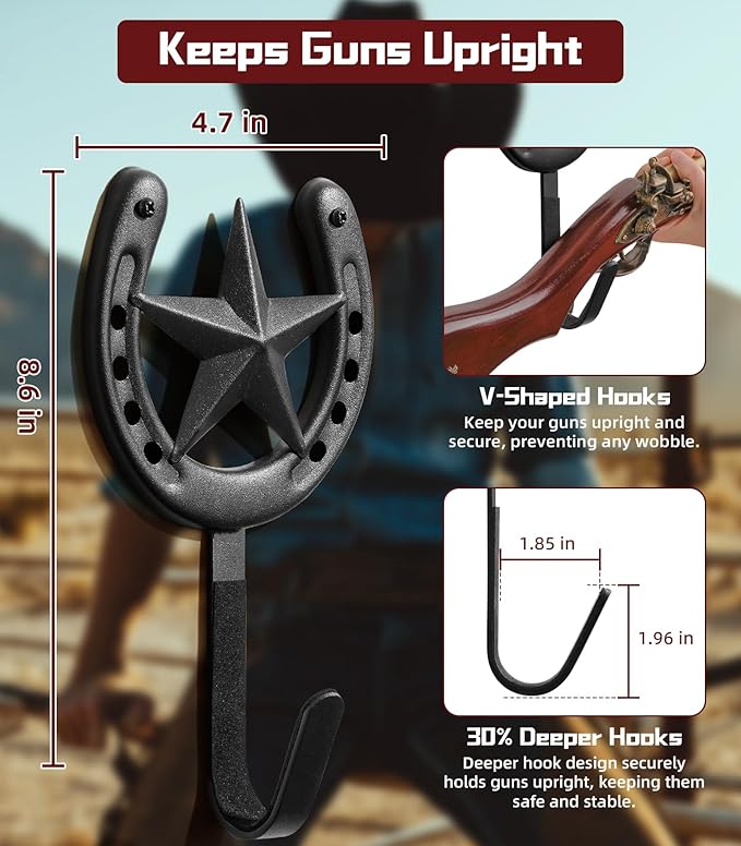 Adowes Gun Rack for Wall Western Shotgun Rifle Rack Wall Mount Metal Wall Gun Hanger Holder Display for Sword Bow Firearm Texas Star and Horseshoe