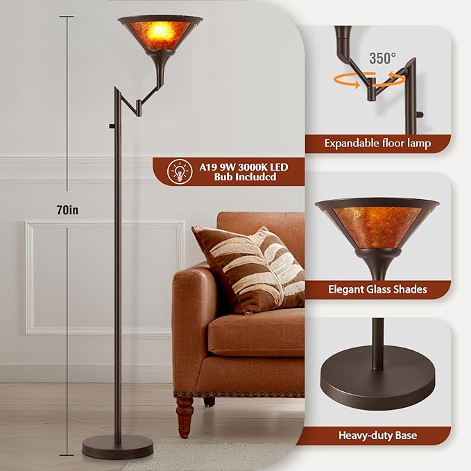 EJIAXIN Floor Lamps for Living Room - 70" Brown Torchiere Standing Floor Lamp with Adjustable Swing Arm - Tall Corner Lamp Decor for Bedroom with Mica Shade LED Reading Light for Home Office