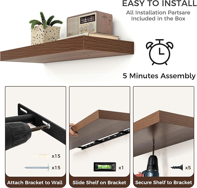 Floating Shelves for Wall, Engineered Wood Wall Shelves with Invisible Brackets for Living Room Bedroom Bathroom Office Kitchen Decor and Storage (Walnut, 24" W x 9" D x 1.5" H) Set of 2