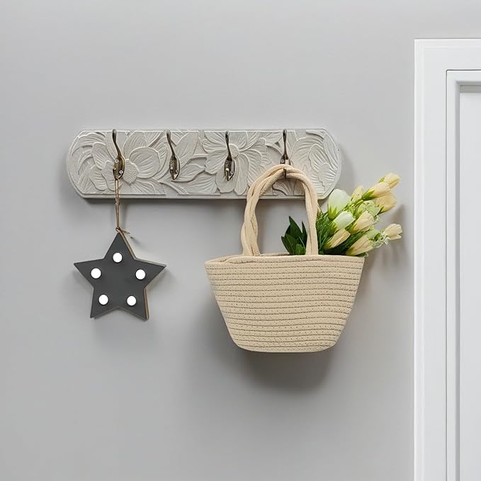 Decorative Wall Mounted Coat Rack with 4 Hooks, Rustic Wood Wall Organizer for Hanging Coats, Hats, Towels, Bags,Jackets, Keys (Antique White)
