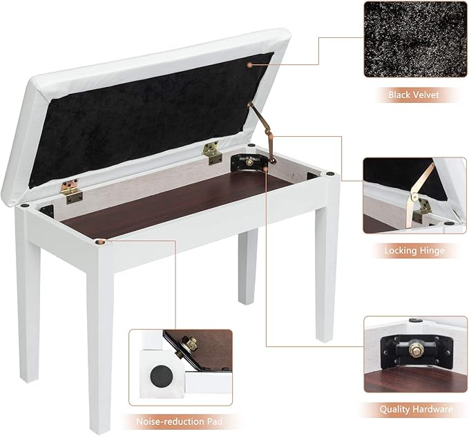 Bonnlo White Duet Piano Bench Wooden Keyboard Bench with Storage and Padded Cushion