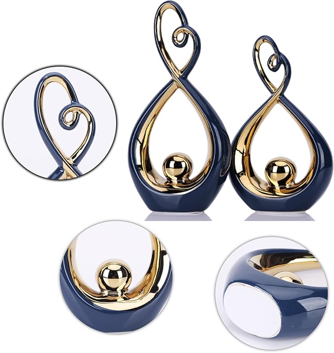 DOVDOV Navy Blue Decorations, Ceramic Abstract Sculpture 2 Piece Set, Still and Gold Decorative Statues, Gorgeous Home Decor for Office, Room, Shelf, Coffee Table and Desktop Decor Aesthetics.