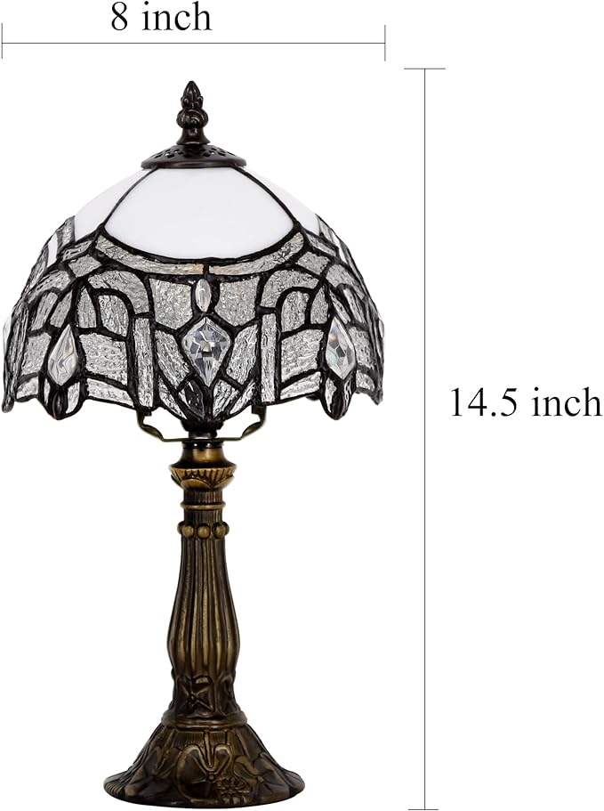 Small Tiffany Lamp Stained Glass Desk Lamp Vintage Tiffany Bedside Table Lamp for Home Living Room Bedroom Nightstand 8X15 Inch (White Bending Style)