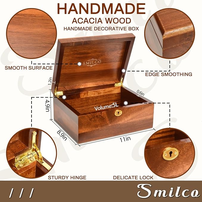 Smilco Wooden Storage Box with Hinged Lid Acacia Wood Hand-Crafted Wooden Box for Recipes Decorative Storage or as Keepsake