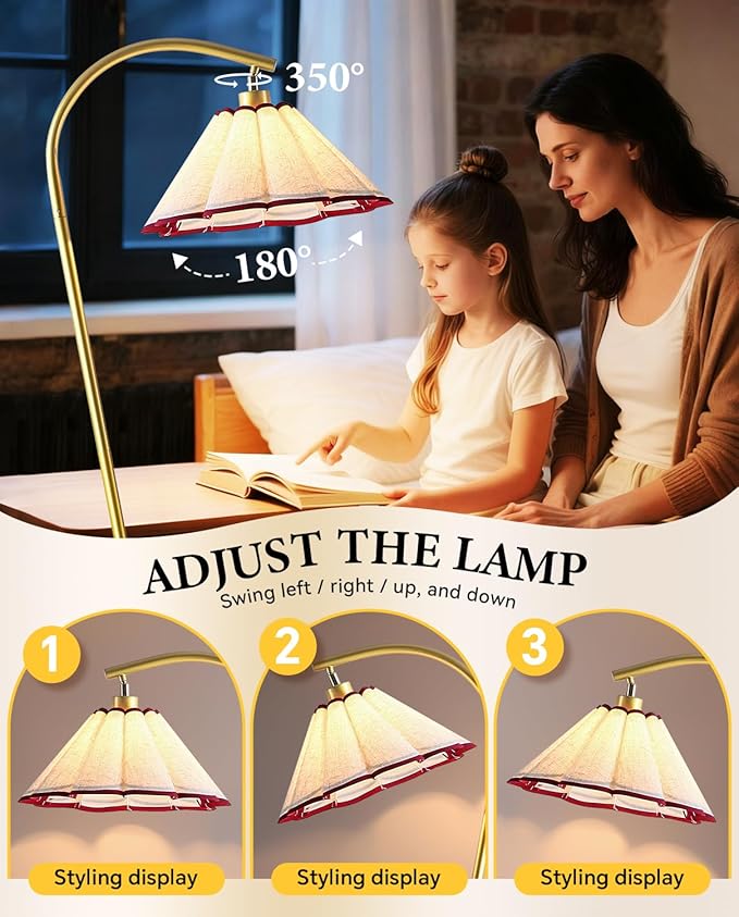 Omlaamy Floor Lamp with Pleated Linen Lampshade, Modern Flower Floor Lamp for Living Room Arc Standing Lamp, Gold Tall Lamp for Bedroom Office Dining Room, Bulb Included (Gold + Red, 65IN)